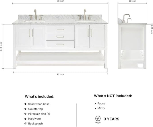 ARIEL Magnolia 72-inch Bathroom Vanity with Sink,Solid Wood, 0.75-inch Italian Carrara Marble Countertop, Double Rectangular Porcelain Sink, 4 Soft Closing Doors, 3 Dovetail Drawers, White