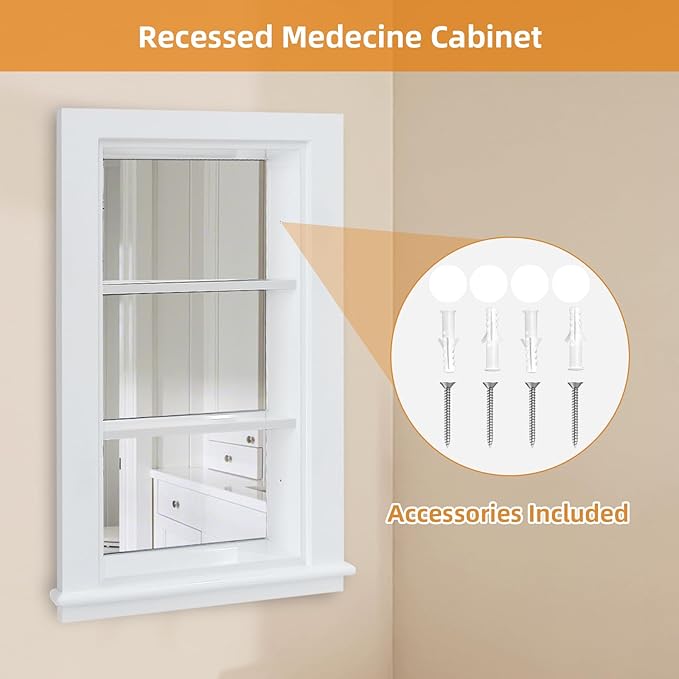 14 x 24 Recessed Medicine Cabinet, White Bathroom Wall Cabinet, 3-Tier Wall Niche with Mirror, for Bathroom Storage