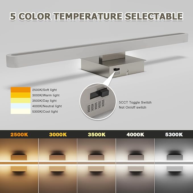 Brushed Nickel Vanity Lights for Bathroom, 5CCT Dimmable Vanity Light Bar | Above Mirror Makeup Mirror Light, Modern Bathroom Lighting Fixtures 23.6 inch 20W