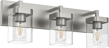 3-Light Bathroom Light Fixtures, Brushed Nickel Vanity Lights for Bathroom, Kitchen, Living Room, Modern Bathroom Vanity Lights with Clear Glass Shades