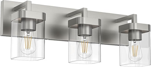 3-Light Bathroom Light Fixtures, Brushed Nickel Vanity Lights for Bathroom, Kitchen, Living Room, Modern Bathroom Vanity Lights with Clear Glass Shades
