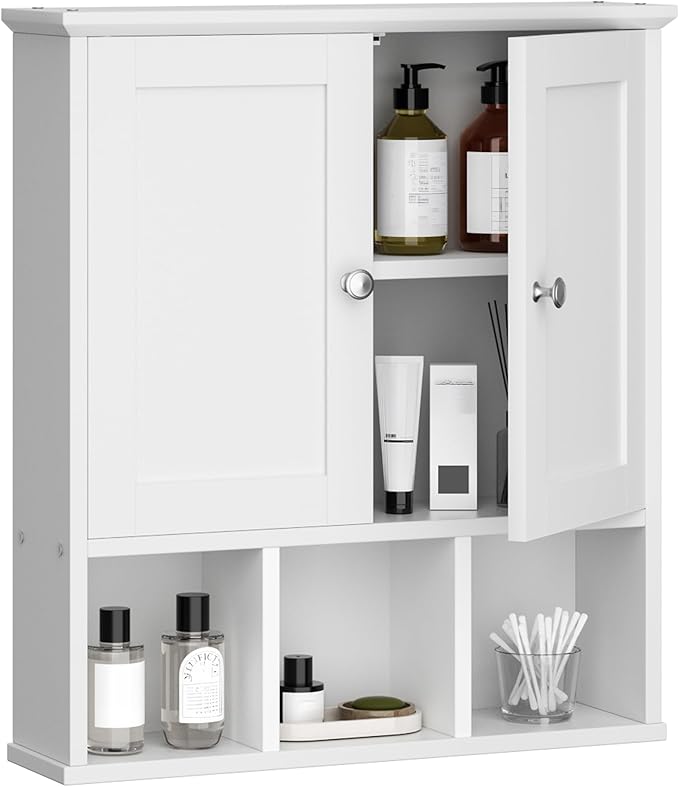 Shintenchi Bathroom Medicine Cabinet, Wall Mounted, Adjustable Shelf, White | Over The Toilet Cupboard, Open & Concealed Storage, 2 Magnet Doors, Space-Saving, Easy to Clean