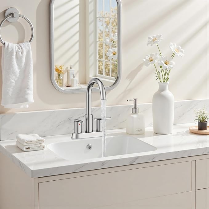 Hurran 4 Inch Bathroom Faucet for Sink 3 Hole, Brushed Nickel Bathroom Faucet with Pop-up Drain and 2 Supply Hoses,Stainless Steel Lead-Free 2-Handle Centerset Faucet for Sink Vanity RV