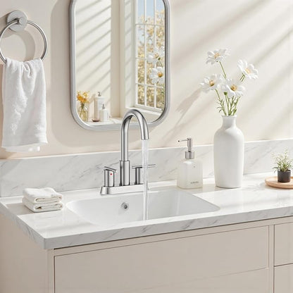 Hurran 4 Inch Bathroom Faucet for Sink 3 Hole, Brushed Nickel Bathroom Faucet with Pop-up Drain and 2 Supply Hoses,Stainless Steel Lead-Free 2-Handle Centerset Faucet for Sink Vanity RV