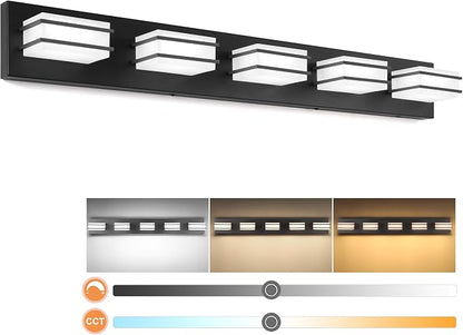 GOODATE 3 Color Temperature Dimmable Vanity Lighting Fixtures, LED Black 5 Light Bathroom Vanity Light Fixtures, Acrylic Stainless Steel Square Shade Vanity Lights for Bathroom, ETL Certificated