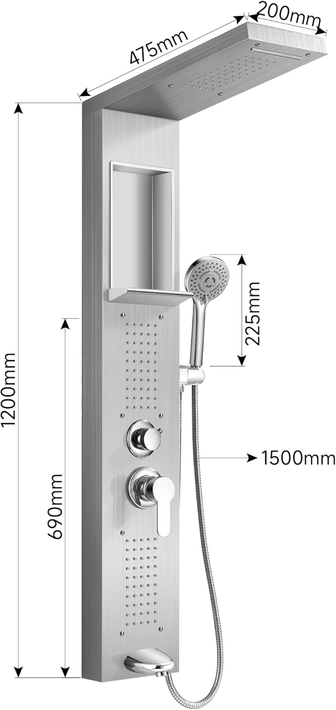 Shower Panel System, Multi-Function Shower Tower With 5 Body Spray, 5 Handheld Settings & Shelf, Rainfall + Waterfall Shower Head