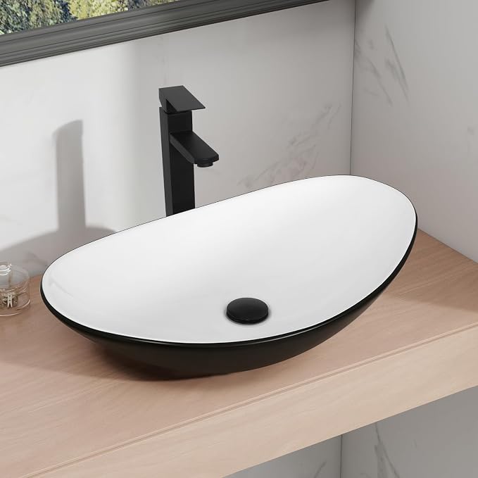 24 inch Natural Color Bathroom Vanity, Rustic Fixture Standing Pedestal Cabinet with Black and White Ceramic Boat Sink