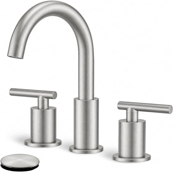 Widespread Bathroom Faucet 2 Handle Vanity Sink Faucet Brush Nickel | SUS 304 Stainless Steel, 360° Swivel Spout, Pop-up Drain, Ceramic Valve, Aerated Stream, 20-Min DIY Install