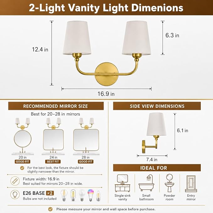 Bathroom Vanity Light, Brushed Gold Bathroom Lighting Fixtures Over Mirror | 2-Light Bathroom Light Fixtures with Flared White Fabric Shade, E26 Socket (ETL Listed)