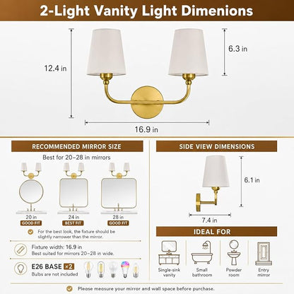 Bathroom Vanity Light, Brushed Gold Bathroom Lighting Fixtures Over Mirror | 2-Light Bathroom Light Fixtures with Flared White Fabric Shade, E26 Socket (ETL Listed)