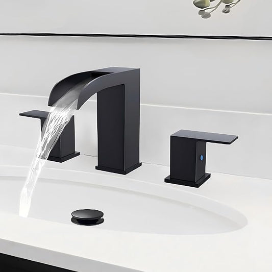 Black Bathroom Sink Faucet 3 Hole - Waterfall Bathroom Faucet 8 Inch Widespread Matte Black Faucet Bathroom 2-Handles Modern Vanity Faucets with Overflow Pop Up Drain & Supply Lines