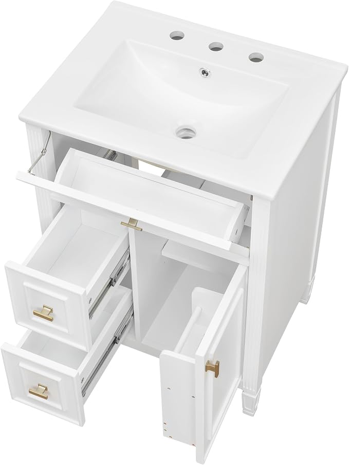 24" Modern Bathroom Vanity with Ceramic Sink, Solid Wood Frame Freestanding Storage Cabinet w/2 Drawers & Tilt-Out Drawer, Door Rack & Adjustable Shelf, Golden Metal Handles, White