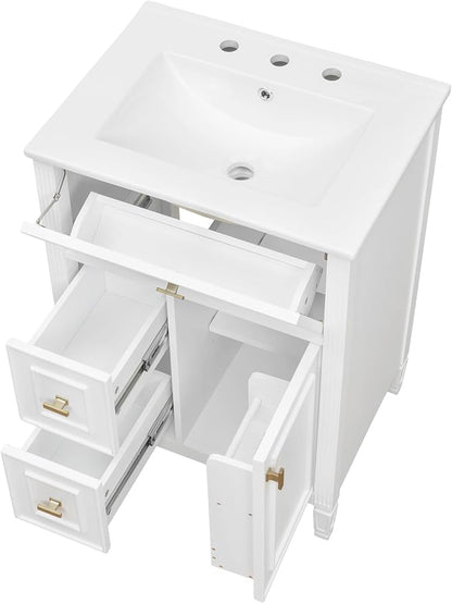 24" Modern Bathroom Vanity with Ceramic Sink, Solid Wood Frame Freestanding Storage Cabinet w/2 Drawers & Tilt-Out Drawer, Door Rack & Adjustable Shelf, Golden Metal Handles, White