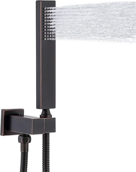 Hand-held Shower Head Set - Oil Rubbed Bronze Brass Handheld Shower Wand with Wall Mount Adjustable Elbow Holder and 59inch Long Hose - Modern Rectangle Hand Shower High Pressure