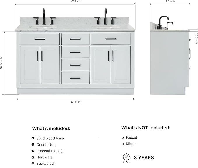 ARIEL Hepburn 60-inch Bathroom Vanity with Sink,Solid Wood, 0.75-inch Italian Carrara Marble Countertop & Backsplash, Double Oval Porcelain Sink, 4 Soft Closing Doors, 6 Dovetail Drawers, Grey
