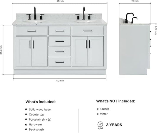 ARIEL Hepburn 60-inch Bathroom Vanity with Sink,Solid Wood, 0.75-inch Italian Carrara Marble Countertop & Backsplash, Double Oval Porcelain Sink, 4 Soft Closing Doors, 6 Dovetail Drawers, Grey