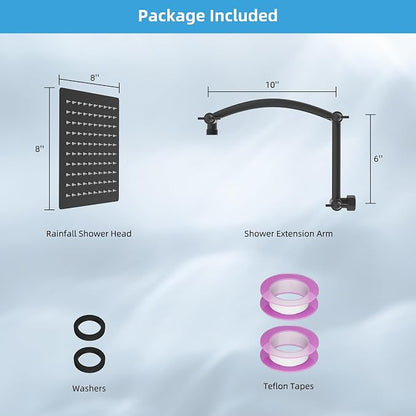 Hibbent All Metal 8'' Rain Shower Head, 16'' Extension Arm, Matte Black | cUPC Certified High Pressure Rainfall Showerhead with Solid Brass Adjustable Shower Head Extension Arm, Fixed Showerheads
