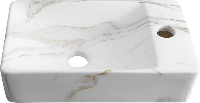 JONATHAN Y SNK1004C-R Felix 15 in. W x 8 in. D Modern Wall Mounted Rectangular Ceramic Mini Sink Basin, Right-Side Faucet, White Marble Effect
