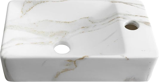 JONATHAN Y SNK1004C-R Felix 15 in. W x 8 in. D Modern Wall Mounted Rectangular Ceramic Mini Sink Basin, Right-Side Faucet, White Marble Effect