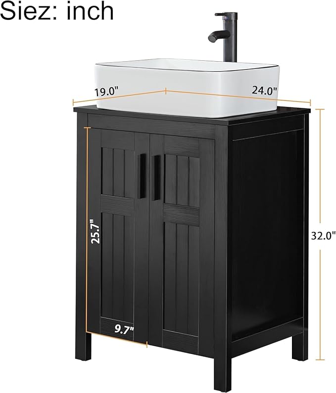 UEV Black 24" Bathroom Vanity with Sink Combo,Modern Freestanding Sink Cabinet,Stylish Bathroom Vanity Cabinet,Grooved Double Doors,Metal Handles,Modern Artistic Ceramic Vessel Sink Combo(031WH-NEW)