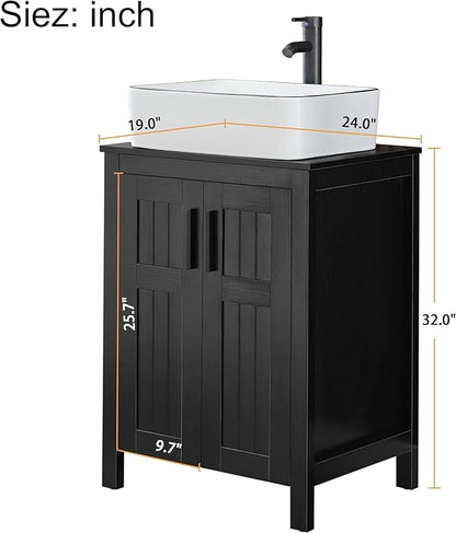 UEV Black 24" Bathroom Vanity with Sink Combo,Modern Freestanding Sink Cabinet,Stylish Bathroom Vanity Cabinet,Grooved Double Doors,Metal Handles,Modern Artistic Ceramic Vessel Sink Combo(031WH-NEW)