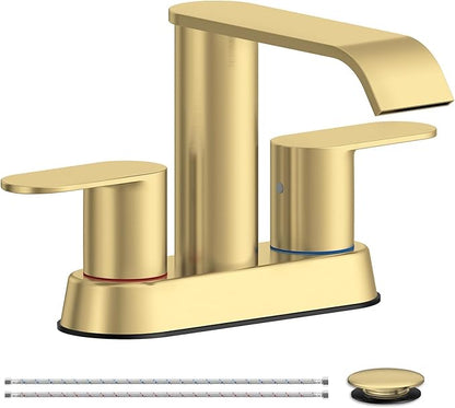 Homevacious Brushed Gold Bathroom Faucets Waterfall 4 Inch Centerset | Bathroom Sink Faucet Stainless Steel with Pop up Sink Drain Supply Hose Basin Mixer Tap for Vanity RV 2 or 3 Hole Sink
