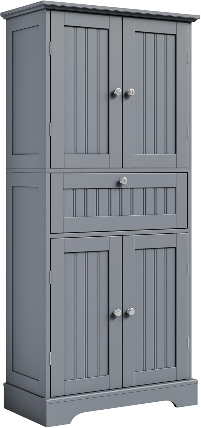 ChooChoo 51" H Tall Bathroom Floor Cabinet, Modern Bathroom Storage Cabinet with Drawer and Adjustable Shelves, Freestanding Kitchen Pantry Cupboard with 4 Doors for Living Room, Grey