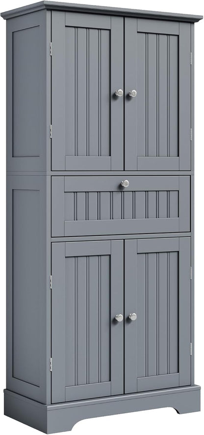 ChooChoo 51" H Tall Bathroom Floor Cabinet, Modern Bathroom Storage Cabinet with Drawer and Adjustable Shelves, Freestanding Kitchen Pantry Cupboard with 4 Doors for Living Room, Grey