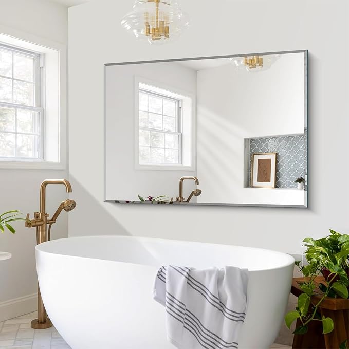CILIBER Beveled Mirror, 50x36 Large Bathroom Mirrors for Over Sink, Lightweight Design Beveled Frameless Vanity Mirror Wall Mounted, Crystal-Clear 3mm Tempered Glass, Horizontally or Vertically