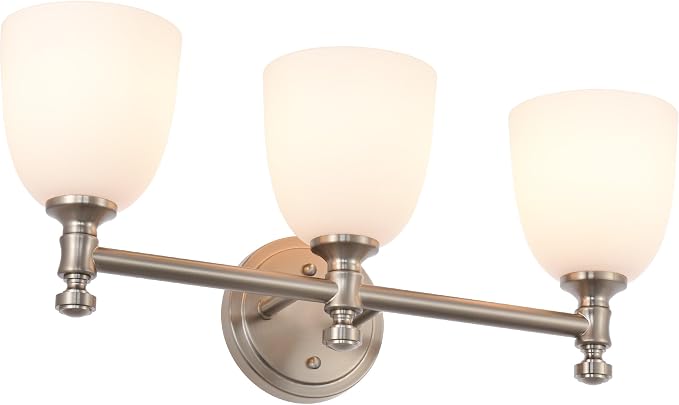 Bathroom Vanity Light, 3-Light Bathroom Light Fixtures Over Mirror, Traditional Vanity Lights for Living Room, Milk White Bell Glass Shades, Standard E26 Base, Brushed Nickel