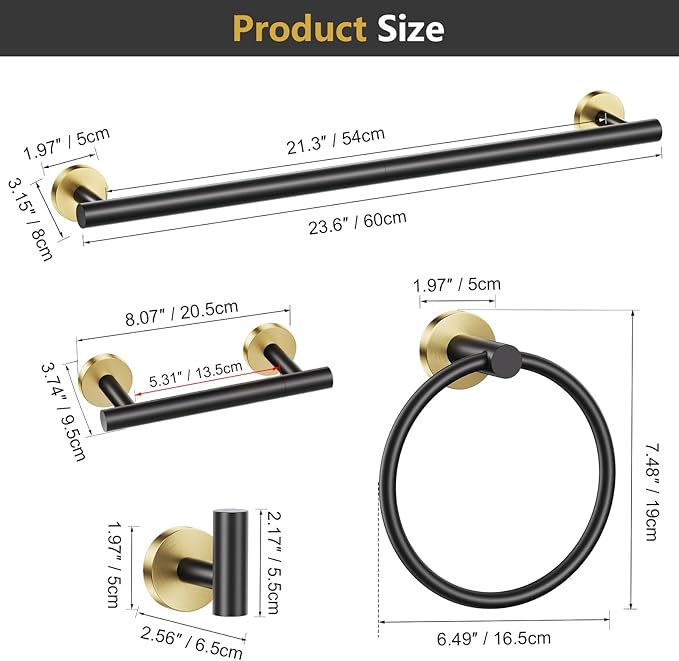 TQKAG 5 Piece Black and Gold Bathroom Accessories, Towel Racks for Bathroom | 23.6" Bathroom Hardware Set, SUS304 Stainless Steel, Double Post Pivoting, Towel Hooks, Toilet Paper Holder Set Wall Mounted