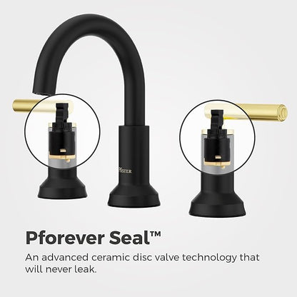 Pfister Capistrano Bathroom Sink Faucet, 8-Inch Widespread, 2-Handle, 3-Hole, NSF Certified, Matte Black and Brushed Gold Finish, LF049CSOBBG