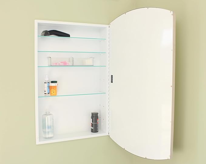 Fox Hollow Furnishings 20x30 Harper Crescent Metal Framed Rectangle Recessed Bathroom Medicine Cabinet, Arced Mirror, 14x18 in-Wall Opening, Adjustable Glass Shelves, Magnet Close, Brushed Nickel