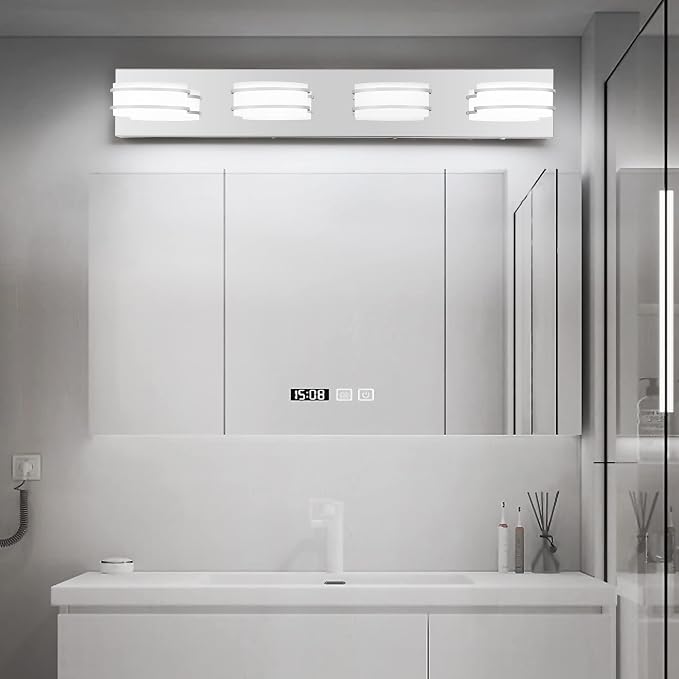 GOODATE 3 Color Temperature Dimmable Vanity Lights for Bathroom, LED Chrome 4 Light Vanity Lighting Fixtures, Acrylic Stainless Steel Oval Shade Bathroom Light Fixtures Over Mirror, ETL Certificated
