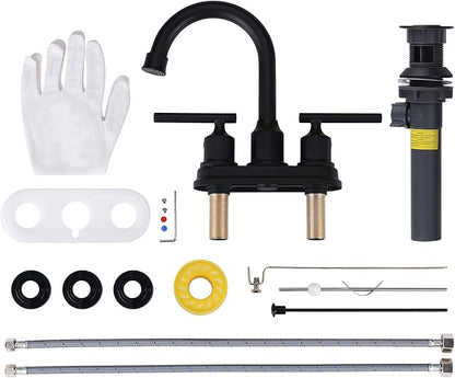 WOWOW Black Centerset Bathroom Faucet - 2 Handle 4 Inch Basin 3 Hole Modern Vanity Sink Faucet for RV With Lift Rod Drain Stopper and Supply Hoses