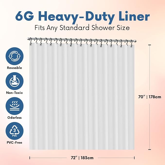 No Smell Shower Curtain Liner 72x72 Clear - PEVA Plastic Shower Curtain for Bathroom, PVC-Free Waterproof Clear Shower Liner with Metal Grommets and Magnet-Weighted Bottom Hem - Washable Inner Liner