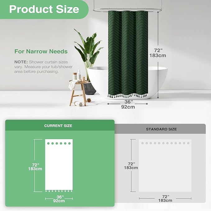 Dynamene Stall Fabric Shower Curtain, 36x72 inch Half Boho Tufted Chevron Striped Small Cloth Bathroom Shower Curtains, Narrow Thick Waterproof Polyester Shower Curtain Set with 6 Hooks, Dark Green