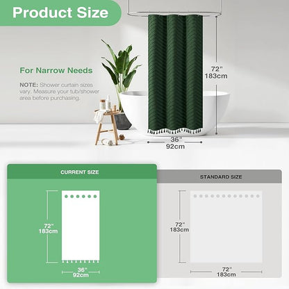 Dynamene Stall Fabric Shower Curtain, 36x72 inch Half Boho Tufted Chevron Striped Small Cloth Bathroom Shower Curtains, Narrow Thick Waterproof Polyester Shower Curtain Set with 6 Hooks, Dark Green