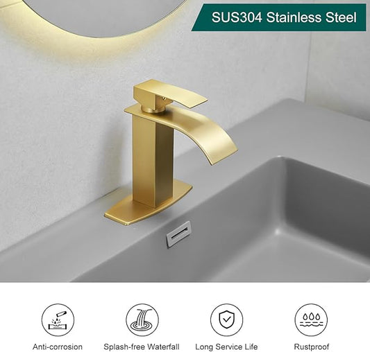 Hoimpro Brushed Gold Waterfall Spout Single Hole Bathroom Faucet, Stainless Steel Single Lever Bathroom Vanity Sink Faucet with Drain, cUPC Hose and Deck Plate