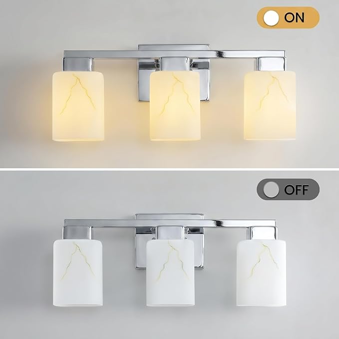 3-Light Square Bathroom Light Fixture, Chrome Modern Vanity Light with White Marble Glass Shade, for Bathroom Mirror, Living Room, Bedroom, Hallway, E26 Base