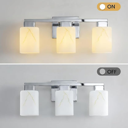 3-Light Square Bathroom Light Fixture, Chrome Modern Vanity Light with White Marble Glass Shade, for Bathroom Mirror, Living Room, Bedroom, Hallway, E26 Base