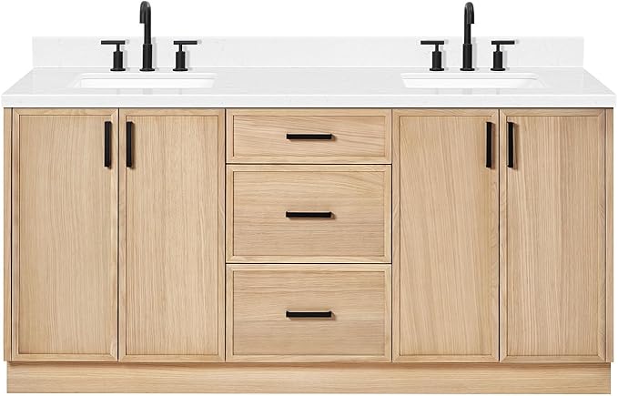 ARIEL Kelly 72-inch Bathroom Vanity with Sink,Solid Wood, 1.5-inch Carrara White Quartz Countertop, Double Rectangular Porcelain Sink, 4 Soft Closing Doors, 5 Dovetail Drawers, White Oak