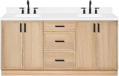 ARIEL Kelly 72-inch Bathroom Vanity with Sink,Solid Wood, 1.5-inch Carrara White Quartz Countertop, Double Rectangular Porcelain Sink, 4 Soft Closing Doors, 5 Dovetail Drawers, White Oak