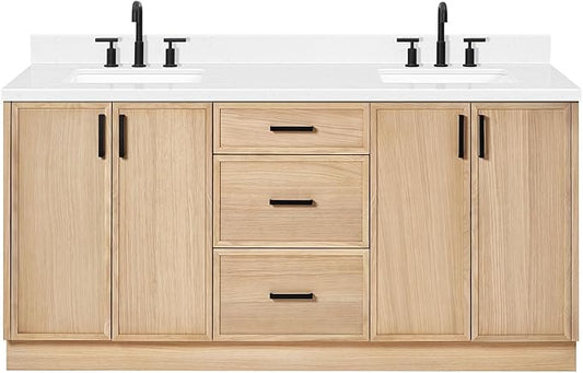 ARIEL Kelly 72-inch Bathroom Vanity with Sink,Solid Wood, 1.5-inch Carrara White Quartz Countertop, Double Rectangular Porcelain Sink, 4 Soft Closing Doors, 5 Dovetail Drawers, White Oak