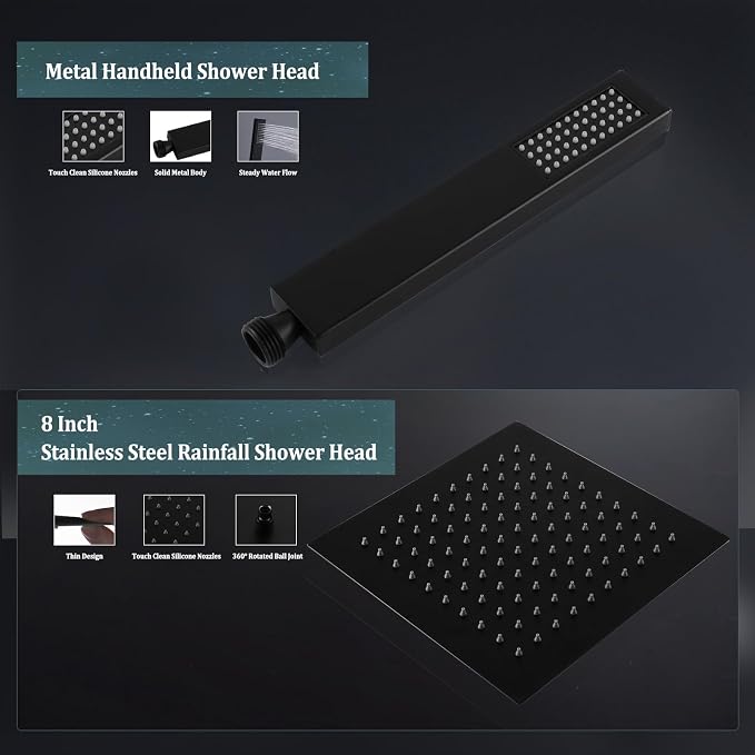 All Metal For California Rain Shower Head with Handheld Combo, YDmeet 8 Inch Rainfall Shower Head, 3-Way Diverter, Stainless Steel Handheld, 14" Adjustable Extension Arm, 71 Inch Hose, Matte Black