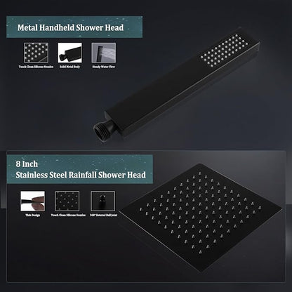 All Metal For California Rain Shower Head with Handheld Combo, YDmeet 8 Inch Rainfall Shower Head, 3-Way Diverter, Stainless Steel Handheld, 14" Adjustable Extension Arm, 71 Inch Hose, Matte Black