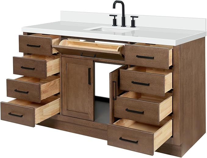 ARIEL Hepburn 60-inch Bathroom Vanity with Sink,Solid Wood, 1.5-inch Pure White Quartz Countertop, Single Rectangular Porcelain Sink, 2 Soft Closing Doors, 9 Dovetail Drawers, Brown Oak