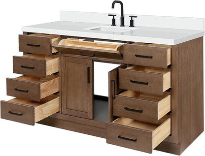 ARIEL Hepburn 60-inch Bathroom Vanity with Sink,Solid Wood, 1.5-inch Pure White Quartz Countertop, Single Rectangular Porcelain Sink, 2 Soft Closing Doors, 9 Dovetail Drawers, Brown Oak