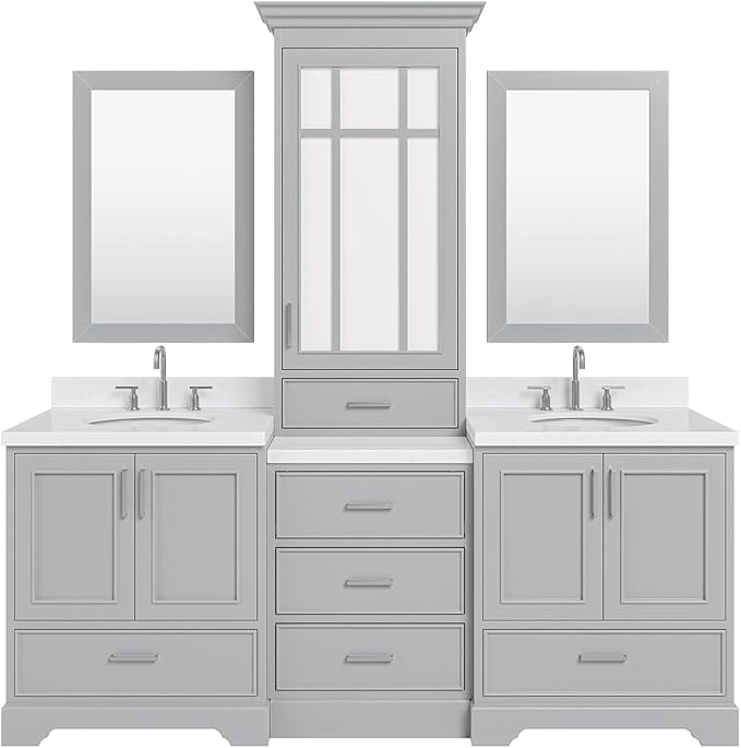 ARIEL Stafford 84-inch Bathroom Vanity with Sink,Solid Wood, 1.5-inch Carrara White Quartz Countertop & Backsplash, Double Oval Porcelain Sink, 5 Soft Closing Doors, 6 Dovetail Drawers, Grey