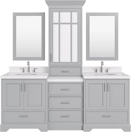 ARIEL Stafford 84-inch Bathroom Vanity with Sink,Solid Wood, 1.5-inch Carrara White Quartz Countertop & Backsplash, Double Oval Porcelain Sink, 5 Soft Closing Doors, 6 Dovetail Drawers, Grey